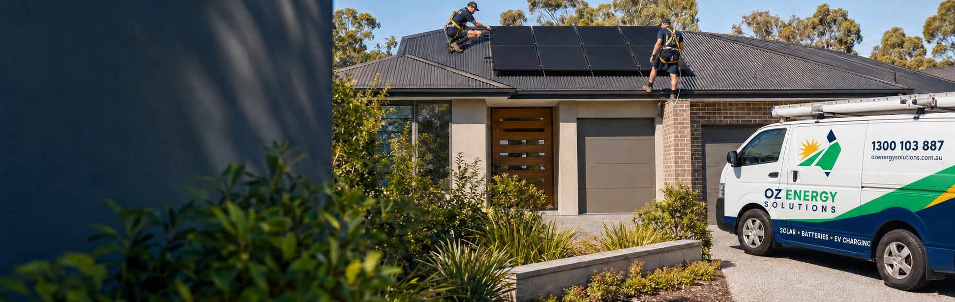 OZ Energy Solutions installers fitting solar panels, with the branded van parked in the driveway